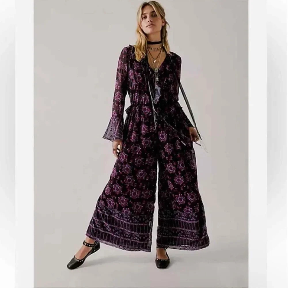 Free People Anna Sui Cassiel Black & Purple Floral Wide-Leg Jumpsuit